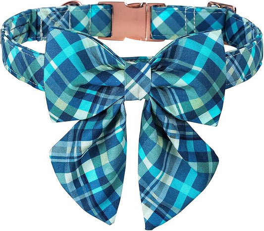 Maca Bates Dog Collar-Colorful Grid and Ripple Pattern Sailor Bow Tie,Adjustable Collar with Metal Buckle for Cat and Dog