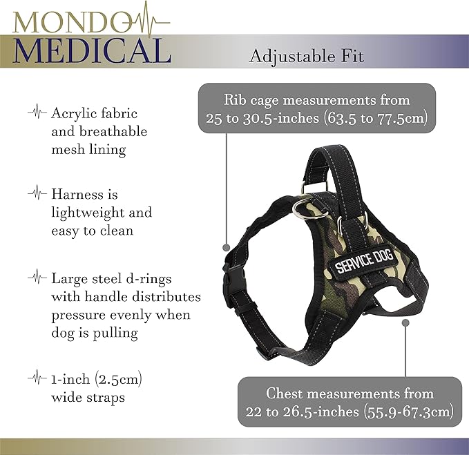 MonMed Service Dog Harness for Large Breeds - Camo Print Service Animal Vest Pet Harness for 25 to 30 Inch Chest