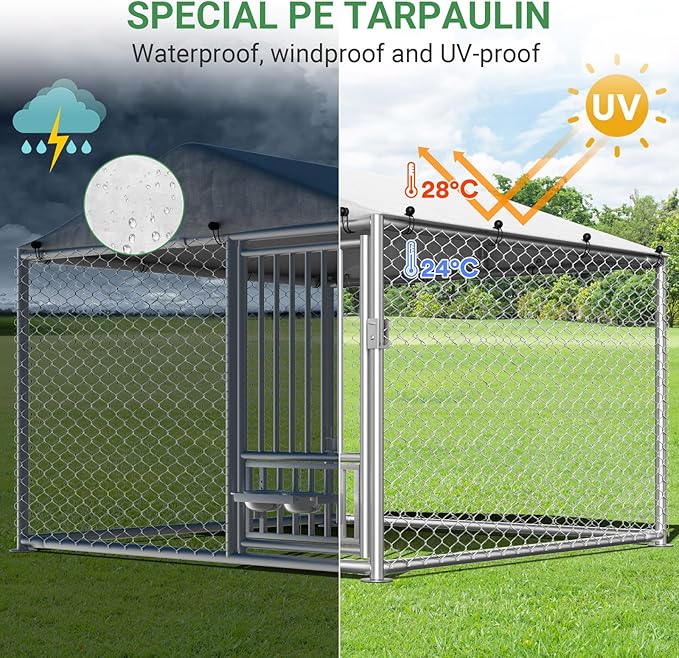 Rovibek Outdoor Dog Kennel with Roof, 6.7 X 6.7 Outside Kennel Heavy Duty Dog Run Fence with Waterproof Sun-Proof Cover, Outside Dog Playpen with 2 Stainless Steel Bowls
