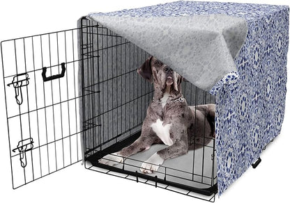 Lunarable Traditional Dog Crate Cover, Circular Flowers and Stripes Ethnic Gzhel Pattern Classic Motifs Art, Easy to Use Pet Kennel Cover for Medium Large Dogs, 48 Inch, Pale Blue