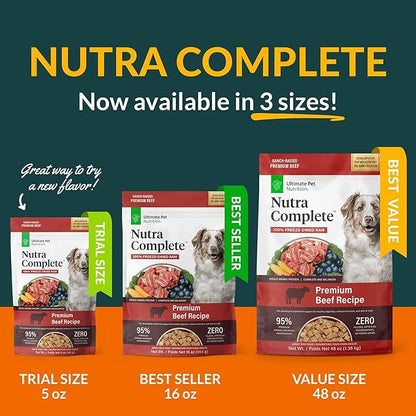 ULTIMATE PET NUTRITION Nutra Complete Raw Freeze Dried Dog Food, Veterinarian Formulated with Antioxidants, Prebiotics & Amino Acids (5 Ounce, Beef)