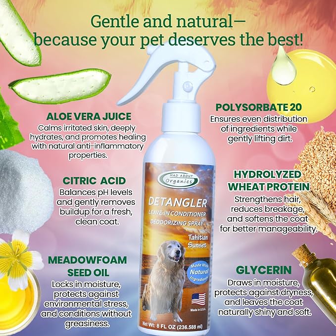 Detangler Spray - Tahitian Sunset Scent - Deodorizing Spray for Dogs and Horses, Leave-In Conditioner, Gently Releases Tangles, Softens Coats, Freshens Scent | Made in the USA | 8oz