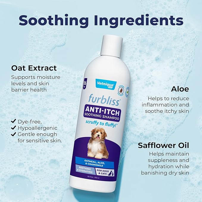 Vetnique Furbliss Shampoo for Dogs with Itchy Skin, Hypoallergenic, Calming for Sensitive Skin Grooming Care Puppy Shampoo (Anti-Itch)