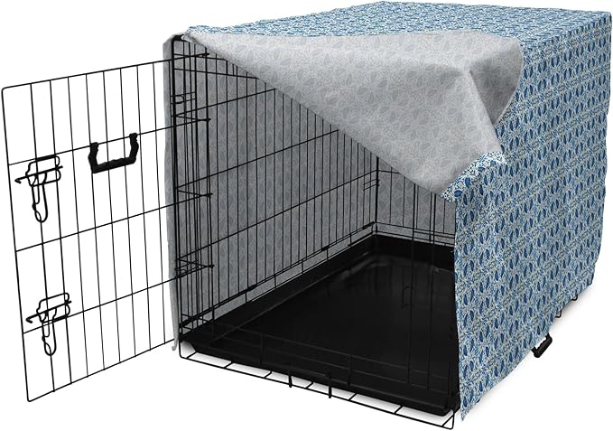Lunarable Yellow and Blue Dog Crate Cover, Portuguese Traditional Tiles Abstract Mosaic Floral Swirl Motifs, Easy to Use Pet Kennel Cover for Cats & Medium Dogs, 24 Inch, Blue Orange Yellow