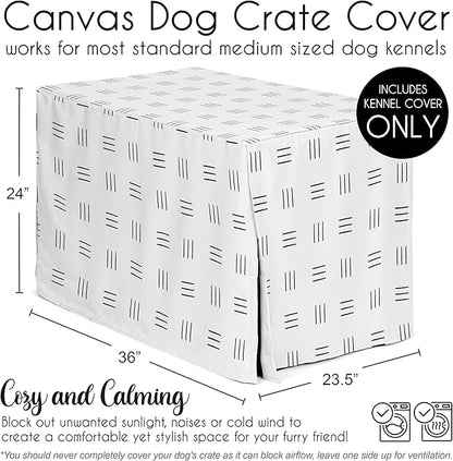 Sweet Jojo Designs White and Black Boho Mudcloth Dog Crate Cover – Kennel Covers for 36 Inch Pet Cage Medium - Black and White Bohemian Minimalist Southwest Mud Cloth Hatch Neutral Triple Line