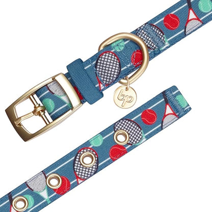 Blueberry Pet 5 Patterns Sports Fan Tennis Canvas Adjustable Dog Collar with Metal Buckle - Teal Blue, Neck 13-16.5", for Medium Breed