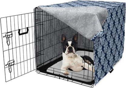 Lunarable Damask Dog Crate Cover, Abstract Antique Royal Motif with Leaves and Swirls, Easy to Use Pet Kennel Cover for Small Dogs Puppies Kittens, 22 Inch, Ceil Blue Violet