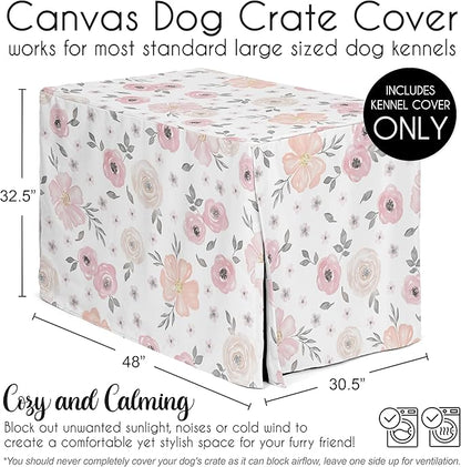 Sweet Jojo Designs Blush Pink Grey Boho Floral Dog Crate Cover – Kennel Covers for 48 Inch Pet Cage Large - Bohemian Farmhouse Shabby Chic Rose Lily Watercolor Flower Elegant Gray and White