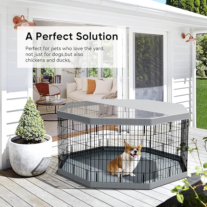 PJYuCien Dog Playpenr，8 Panels 30”H Dog Playpen with Gery Bottom Pad and Grey Top Cover，Metal Foldable Dog Exercise Pen for Indoor，Better for Medium Animals,Black