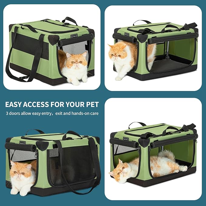 Petsfit Cat Crate - 20 Inch Lightweight, Easy Setup, Sturdy Portable, Adjustable Framework with 3 Mesh Door, Collapsible Dog Crate, Small Cat Kennel, Green 20inch