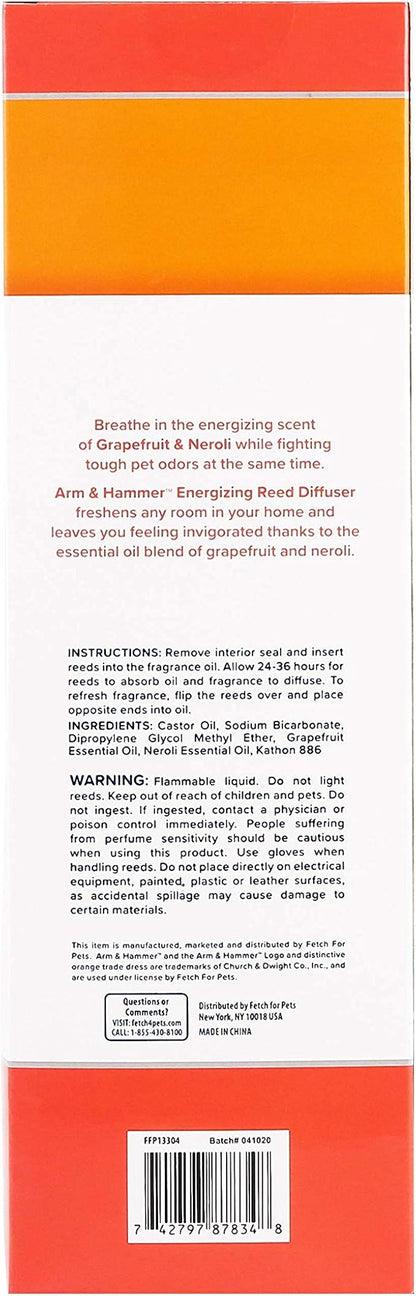 Arm & Hammer for Pets Air Care Energizing Reed Diffuser for Pets | 4 FL Oz Grapefruit Neroli Reed Diffuser to Eliminate Pet Odors | Reed Diffuser for Easy and Effective Pet Odor Elimination