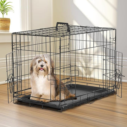 Sweetcrispy Dog Crate with Divider Panel, 48 Inch Double Door Folding Metal Wire Dog Cage with Plastic Leak-Proof Pan Tray, Extra Large Pet Kennel for Indoor, Outdoor, Travel