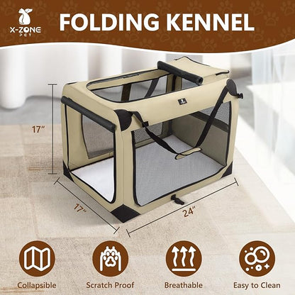 X-ZONE PET Dog Crate 3-Door Kennel, Collapsible Portable Soft Sided Pet Carriers for Indoor & Outdoor, Multiple (24-Inch, Rice White)