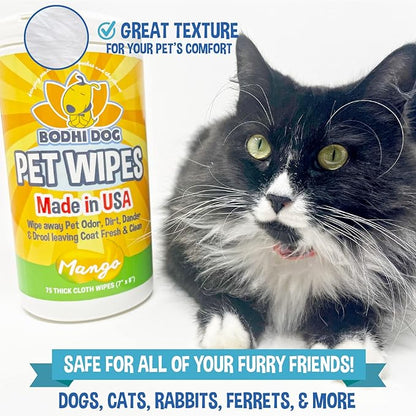 Bodhi Dog Pet Wipes - Grooming, Cleaning and Deodorizing Wipes for Dogs & Cats - No Parabens or SLS - Large, Thick, Wet Wipes - Wipe Away Pet Odors & Refreshes Coat - Mango Scent (75 Count)