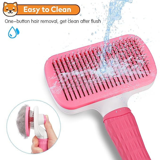 Self Cleaning Slicker Brush for Pets, Massaging & Grooming, Removes Loose Undercoat & Portable Comb for Long Short Haired Dogs & Cats (Pink)