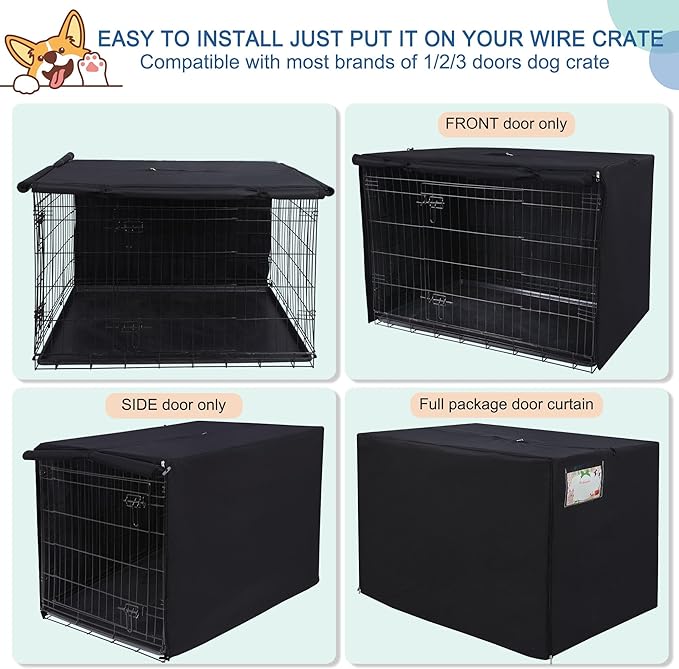 HiCaptain Polyester Dog Crate Cover - Heavy Duty Windproof Pet Kennel Cover for Wire Crate Indoor Outdoor Protection 48in XL (Black)