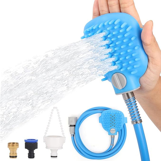 Dog Bath Hose Sprayer and Scrubber Attachment - Indoor/Outdoor Pet Bathing, Grooming and Washing - Pet Shower Brush with Garden Nozzle