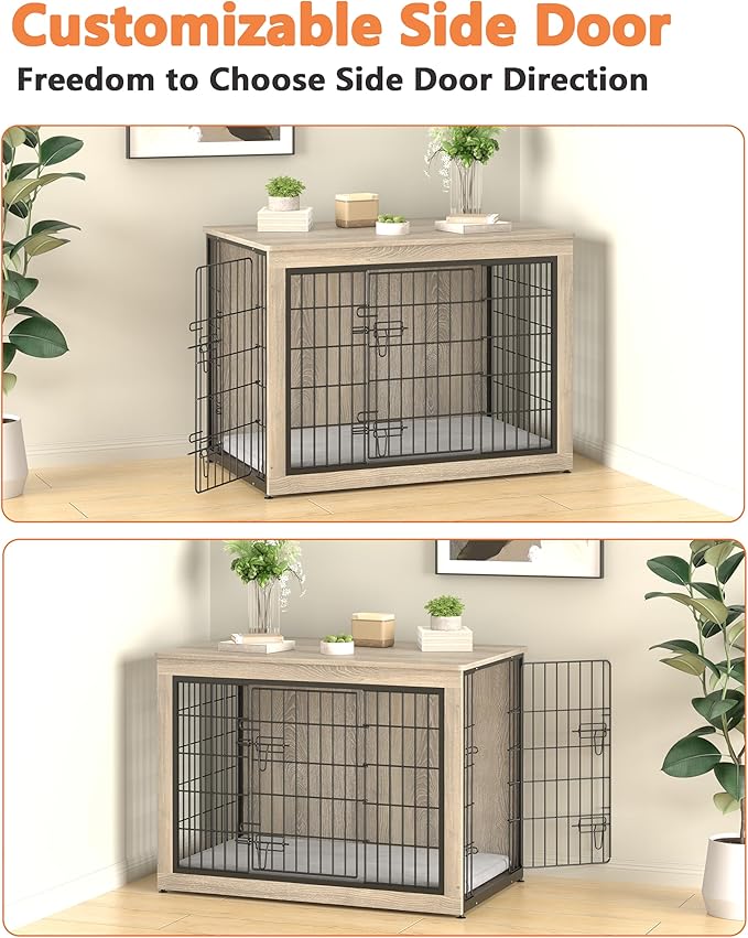 Piskyet Dog Crate Furniture with Cushion,Heavy-Duty Reinforced Metal Mesh,32" Wooden Dog Crate End Table with Double Doors,Indoor Dog Kennel,Dog Cage Side Table for Medium Breed,Grey