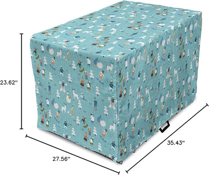 Lunarable Christmas Dog Crate Cover, Winter Games Theme Pattern with Snowman Trees Snowboard Reindeer and Adults, Easy to Use Pet Kennel Cover for Medium Large Dogs, 36 Inch, Multicolor