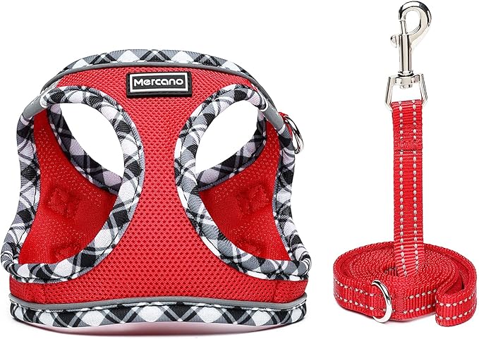 Mercano Soft Mesh Dog Harness and Leash Set, No-Chock Step-in Reflective Breathable Lightweight Easy Walk Escape Proof Vest Harnesses with Safety Buckle for Small Medium Dogs, Cats (Red, XS)