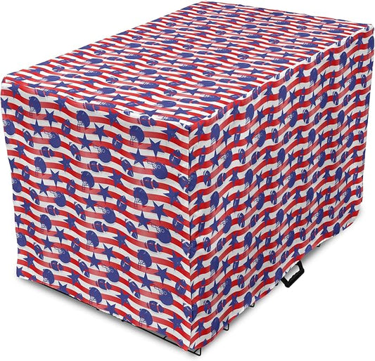 Lunarable Football Dog Crate Cover, Wavy Stripes and National Sport in American USA Inspired Colors, Easy to Use Pet Kennel Cover for Medium Large Dogs, 36 Inch, Coral Violet Blue White