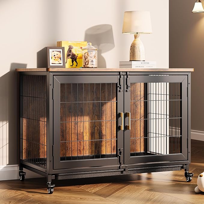 37.4 Inch Large Dog Crate Furniture, Heavy Duty Dog Kennel Furniture with Wheels, Grid Base, Removable Base, Decorative Dog Cage Crate Table, Indoor Dog House for Entryway, Living Room