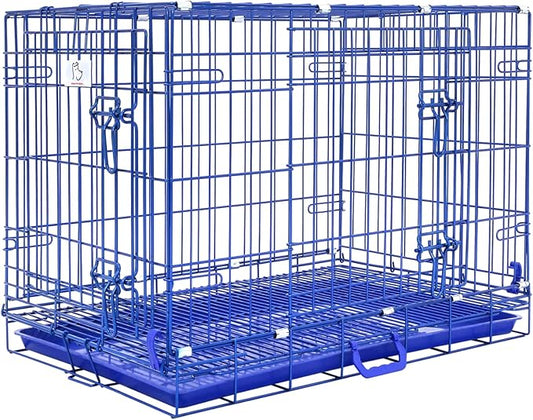 HOMEY PET Blue 30 Inch Dog Crate, Small Dog Kennel Indoor Collapsible Dog Cage Medium Sized Dog Nano-Coated Metal Wire Dog Crates with Removable Floor Grid and Tray, Double Doors Dual Locks, Handle