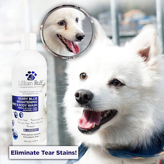 Lillian Ruff Berry Blue Brightening Face and Body Wash for Dogs - Blueberry Shampoo - Remove Tear Stains, Hydrate Dry Itchy Skin, Add Shine & Luster to Coats (Berry Blue Shampoo 16oz)