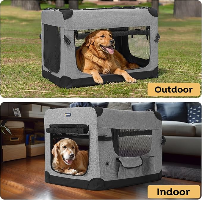 Veehoo 30 inch Folding Soft Dog Crate, 4-Door Portable Collapsible Pet Kennel Travel Dog Crate for Medium Dogs, 5 x Durable Mesh Screen, 600D Oxford Fabric, Indoor & Outdoor Use, Grey, CWB2428CP