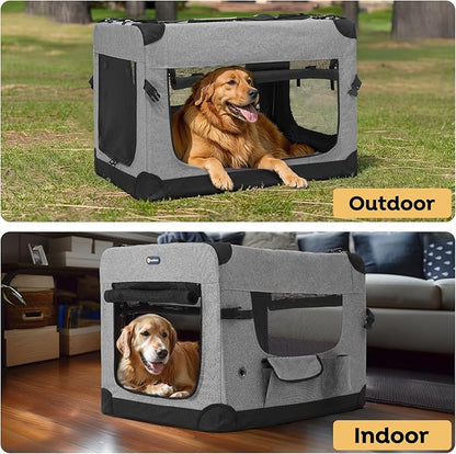 Veehoo 36 inch Folding Soft Dog Crate, 4-Door Portable Collapsible Pet Kennel Travel Dog Crate for Large Dogs, 5 x Durable Mesh Screen, 600D Oxford Fabric, Indoor & Outdoor Use, Grey, CWB2428CP