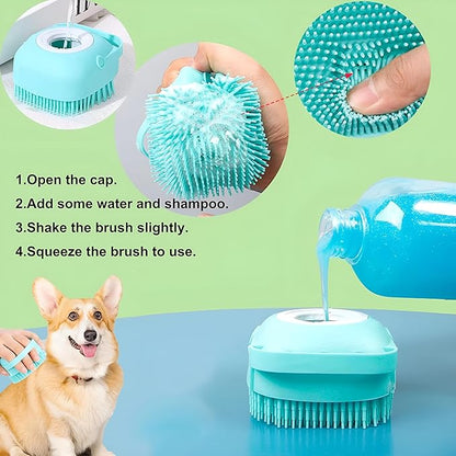 JASLAH 3 Sets with Comb, Pet Grooming Bath Brush Soft Silicone Bristle for Long Short Haired Dogs and Cats Shower, Bath Brush Soothing Massage Rubber Comb with Adjustable Ring Handle, Blue