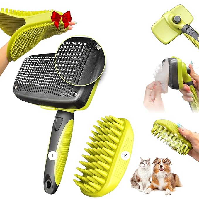 Self Cleaning Slicker Brush for Dogs Cats plus Rubber Pet Bath Brushes for Grooming, DeShedding, Massage & Skin Care - Pet Silicone Shampoo Brush for Long & Short Hair Small Large Pets Dogs
