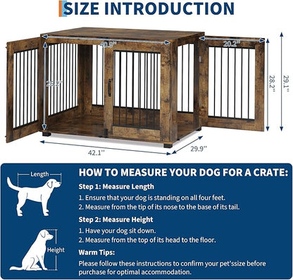 42.1" Dog Crate Furniture, Lockable Double Door Wooden Pet Crate for Indoor Use, Stylish Pet Crate End Table for Small/Large/Medium Dogs, Decorative Pet House, Functional Chic Puppy Crate Furniture