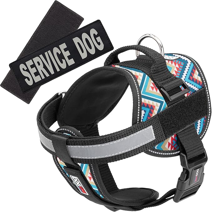 Dogline Unimax Dog Harness Vest with Service Dog Patches Reflective No-Pull, Adjustable Straps, Breathable Neoprene for Medical, Service, Identification and Training Dogs Girth 28 to 38" Aztec
