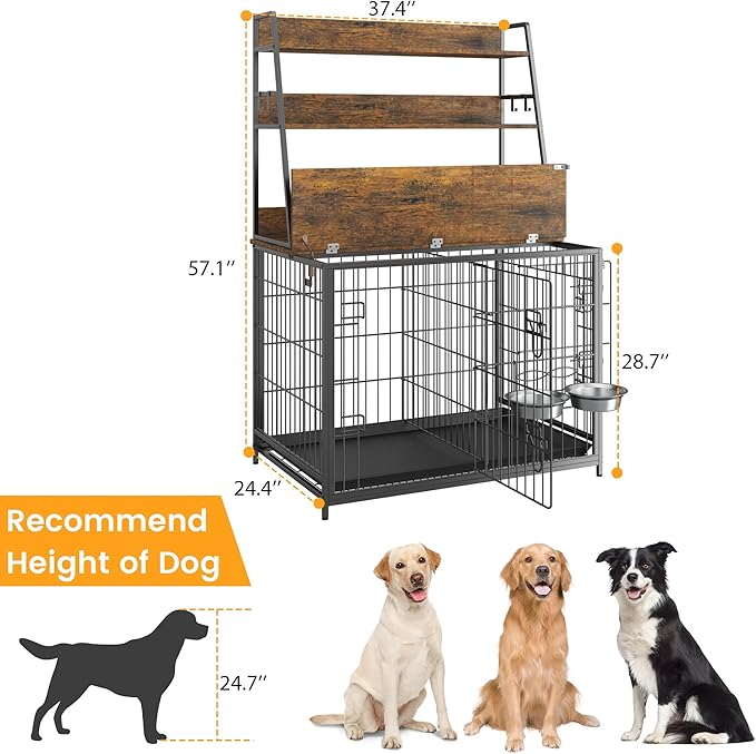 Furniture Style Dog Crate - Adjustable Feeder with Elevated Bowls, Dog Kennel Furniture with -up Top, Multifunctional Dog House End Table, Versatile Dog Cage with Storage, Brown