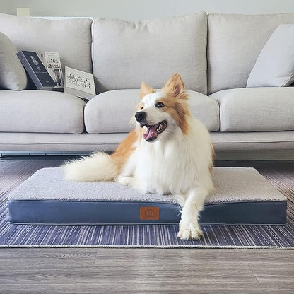 Orthopedic Dog Bed for Large Dogs - Big Waterproof Dog Crate Bed with Removable Washable Cover, Egg Crate Foam Support, Anti-Slip Bottom, Deluxe Plush Pet Bed Mat (Grey)