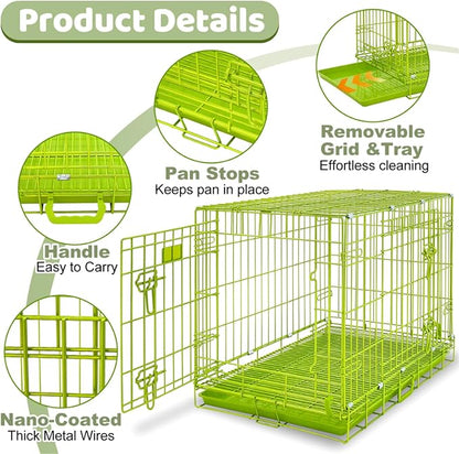 HOMEY PET 30 Inch Dog Kennel Indoor, Green Dog Cage for Small Dogs Foldable Dog Crates for Medium Dogs Nano-Coated Metal Wire Dog Crate with Removable Floor Grid Tray, Double Doors, Handle for Travel