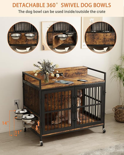 Piskyet Large Dog Crate Furniture,Heavy Duty Dog Crate Table with Charge Station and Storage&360°Rotatable Feeder and Stainless Steel Bowls,Indoor Double Door Kennel with Wheels,Rustic Brown 39.9" L