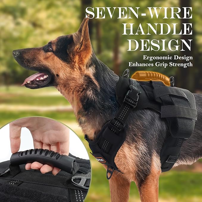 Tactical Dog Harness, Heavy Duty Dog Harness,Adjustable Breathable Pet Harness with MOLLE Panel, Small Pouch, and Bottle Holder,for Medium Dogs, Black M