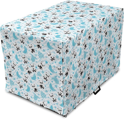 Lunarable Panda Dog Crate Cover, Chinese Bears with Stroller and Dotted Hearts on Chevron Background, Easy to Use Pet Kennel Cover for Medium Large Dogs, 42 Inch, Pale Blue Black Blue