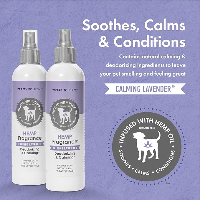 Petkin Hemp Fragrance for Dogs and Cats - with Hemp Oil & Calming Lavender Extract, 8 oz - Soothes, Calms & Conditions - Keeps Pet Smelling Great - for Home, Travel & Use on Pet Bedding