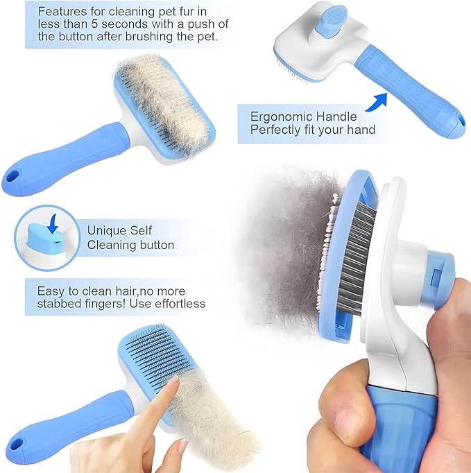 JASLAH 3 Sets with Comb, Pet Grooming Bath Brush Soft Silicone Bristle for Long Short Haired Dogs and Cats Shower, Bath Brush Soothing Massage Rubber Comb with Adjustable Ring Handle, Blue