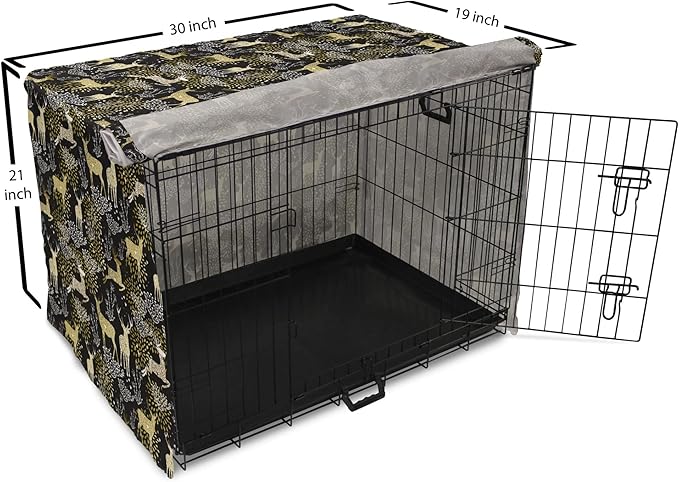 Ambesonne Christmas Dog Crate Cover, Nature Woodland and Deer Silhouettes with Oriental Ornaments Design, Easy to Use Pet Kennel Cover for Cats & Medium Dogs, 30 Inch, Yellow White Black