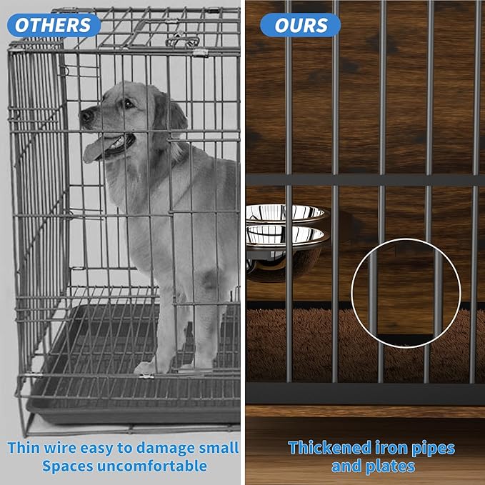 LOVMOR Dog Cage Furniture with Rotating Feeder Bowls, Dog Kennel Indoor with Cushion, Dog Crates for Small and Medium Dogs, 41" L X 23.6" W 35.8" H, Rustic Brown
