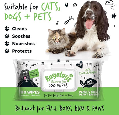 Dog Wipes, 100% Plastic Free Biodegradable pet Wipes for Full Body, Eye Wipes, Ear Wipes, Bum & Paws. 110 Sensitive Dog Grooming Wipes for Dogs, Puppy & cat Grooming (Fragrance Free)