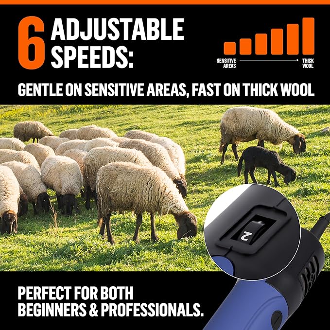 Sheep Shears Electric Clippers 2500RPM, 6-Speed Control - Heavy Duty Livestock Grooming Kit for Sheep, Goats, Alpacas, Llamas - Case, Low Vibration, 18.3ft Cord (1 Blade Included)
