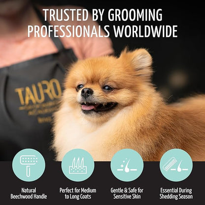 Tauro Pro Line Wooden Deshedding Dog Brush for Long Goldendoodle, Labradoodle & Poodle Hair - Mint Slicker Brush for Dog & Cat Grooming - Rectangular Flexible Cushion & Non-Slip Grip, M