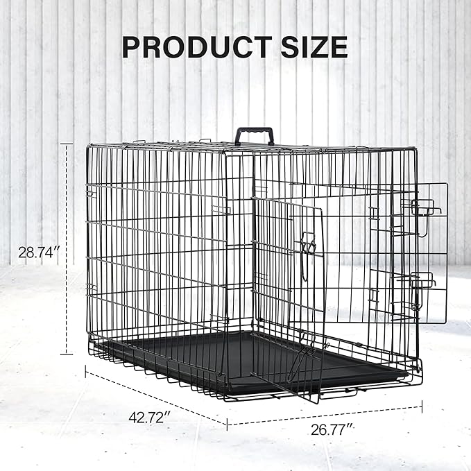 Furniture of America Yucca Metal Double Door Folding Wire Pet Crate with Divider, Removable Tray, and Handle for Outdoor and Indoor Medium Dog, 42-inch, Black