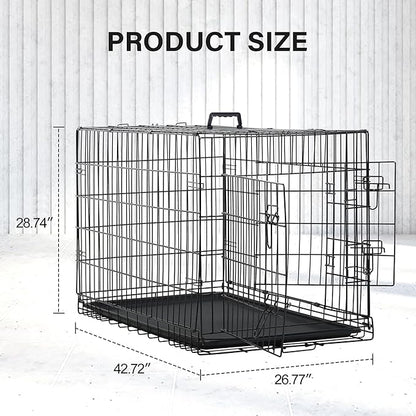 Furniture of America Yucca Metal Double Door Folding Wire Pet Crate with Divider, Removable Tray, and Handle for Outdoor and Indoor Medium Dog, 42-inch, Black