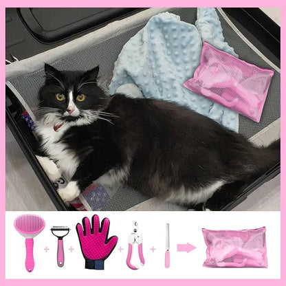 Pet Grooming Kit: Slicker Brush, Dematting Rake, Nail Clipper, Shedding Gloves, and Bag for Dogs and Cats